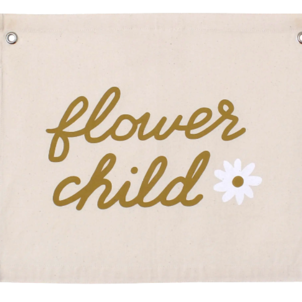 'Flower Child' Banner – Boho Wall Hanging for Kids Room, Nursery or Playroom – Natural Cotton Blend Fabric – Bohemian Baby Shower Gift or Girls Room Decor