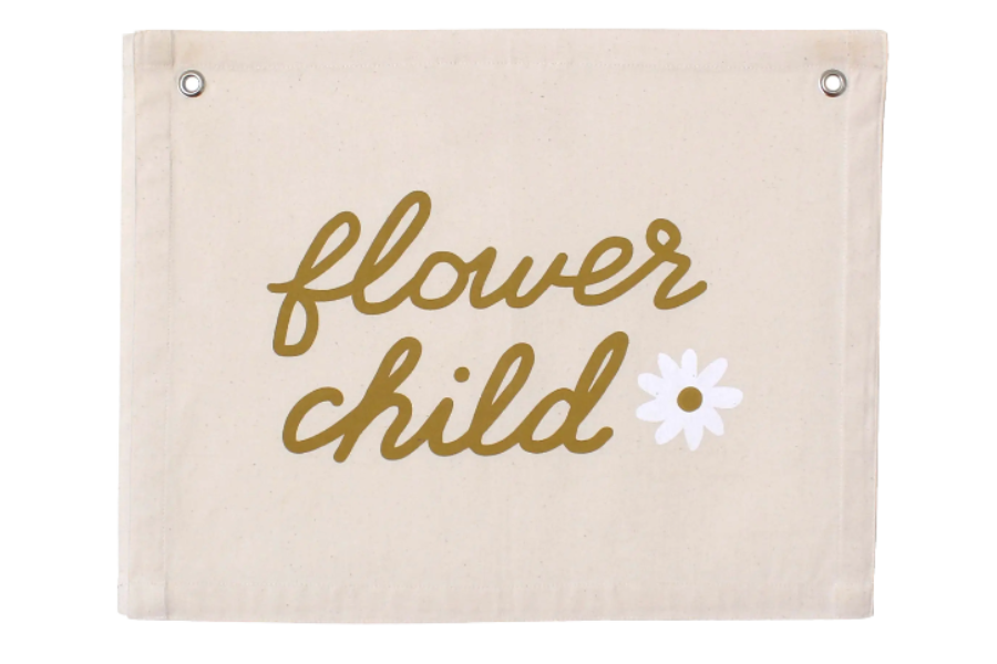 'Flower Child' Banner – Boho Wall Hanging for Kids Room, Nursery or Playroom – Natural Cotton Blend Fabric – Bohemian Baby Shower Gift or Girls Room Decor