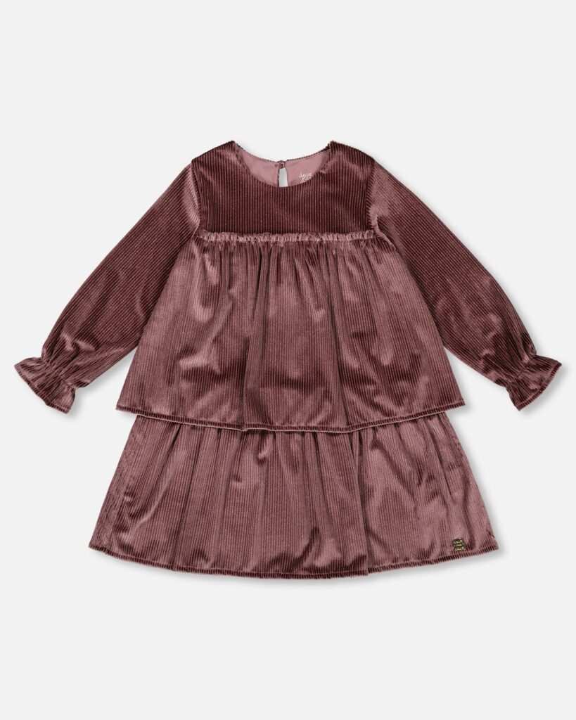 Stunning Girls Long Sleeve Metallic Dress with Frills – Burgundy by Deux par Deux | Elegant Kids' Party Wear