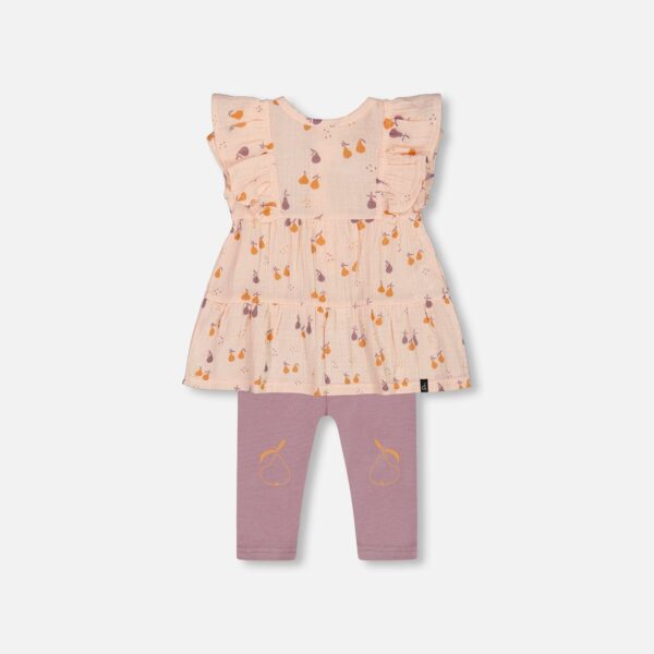 2par2 | Designed in Canada, Printed Muslin Tunic And Organic Cotton Legging Set Peach With Pears And Purple