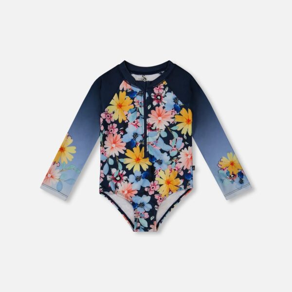2par2 | Designed in Canada, Printed Long Sleeve Rashguard Navy And Yellow And Pink Flowers