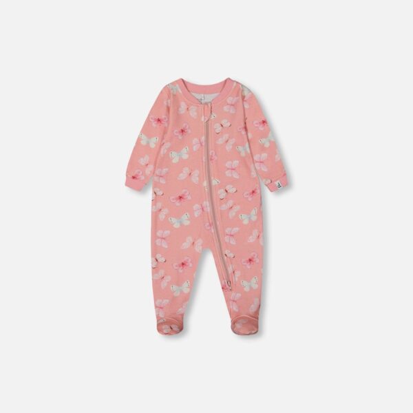 2par2 | Designed in Canada, Printed Organic Cotton One-Piece Pajama Pink And Blue Butterflies On Old Pink