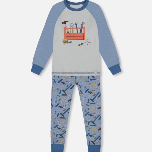 2par2 | Designed in Canada | Organic Cotton Long Sleeve Top And Pants Two-Piece Pajama Set Tools On Bluish Gray Background