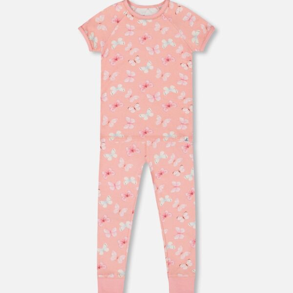 2par2 | Designed in Canada, Organic Cotton Short Sleeve Top And Pant Pajama Set Pink And Blue Butterflies On Old Pink