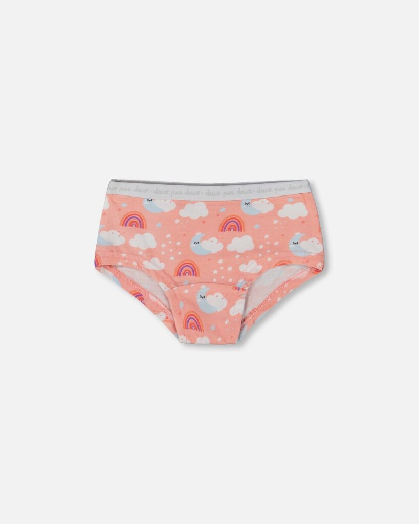 Adorable Organic Cotton Boyshort Panty for Girls – Rainbow on Light Coral by Deux par Deux | Soft, Comfy & Eco-Friendly Underwear