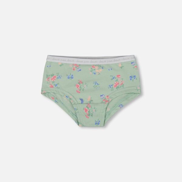 Organic Cotton Boyshort Panty for Girls – Small Pink & Blue Flowers on Light Sage by Deux par Deux | Soft, Stylish & Eco-Friendly Kids Underwear
