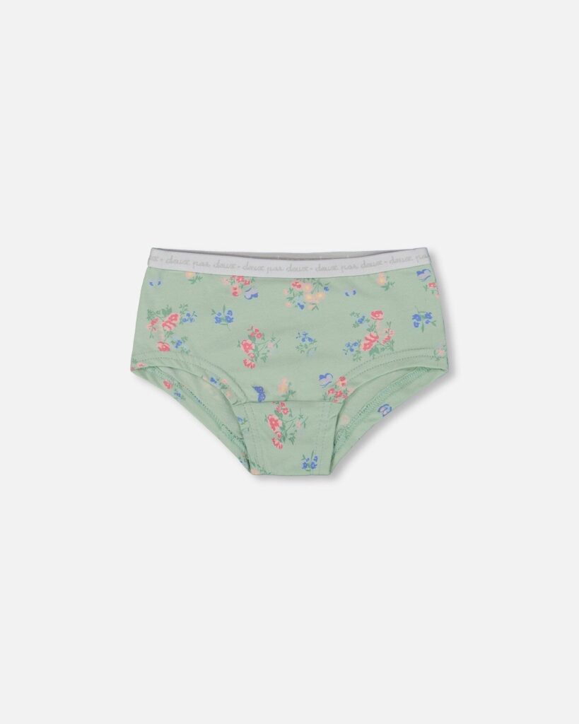 Organic Cotton Boyshort Panty for Girls – Small Pink & Blue Flowers on Light Sage by Deux par Deux | Soft, Stylish & Eco-Friendly Kids Underwear