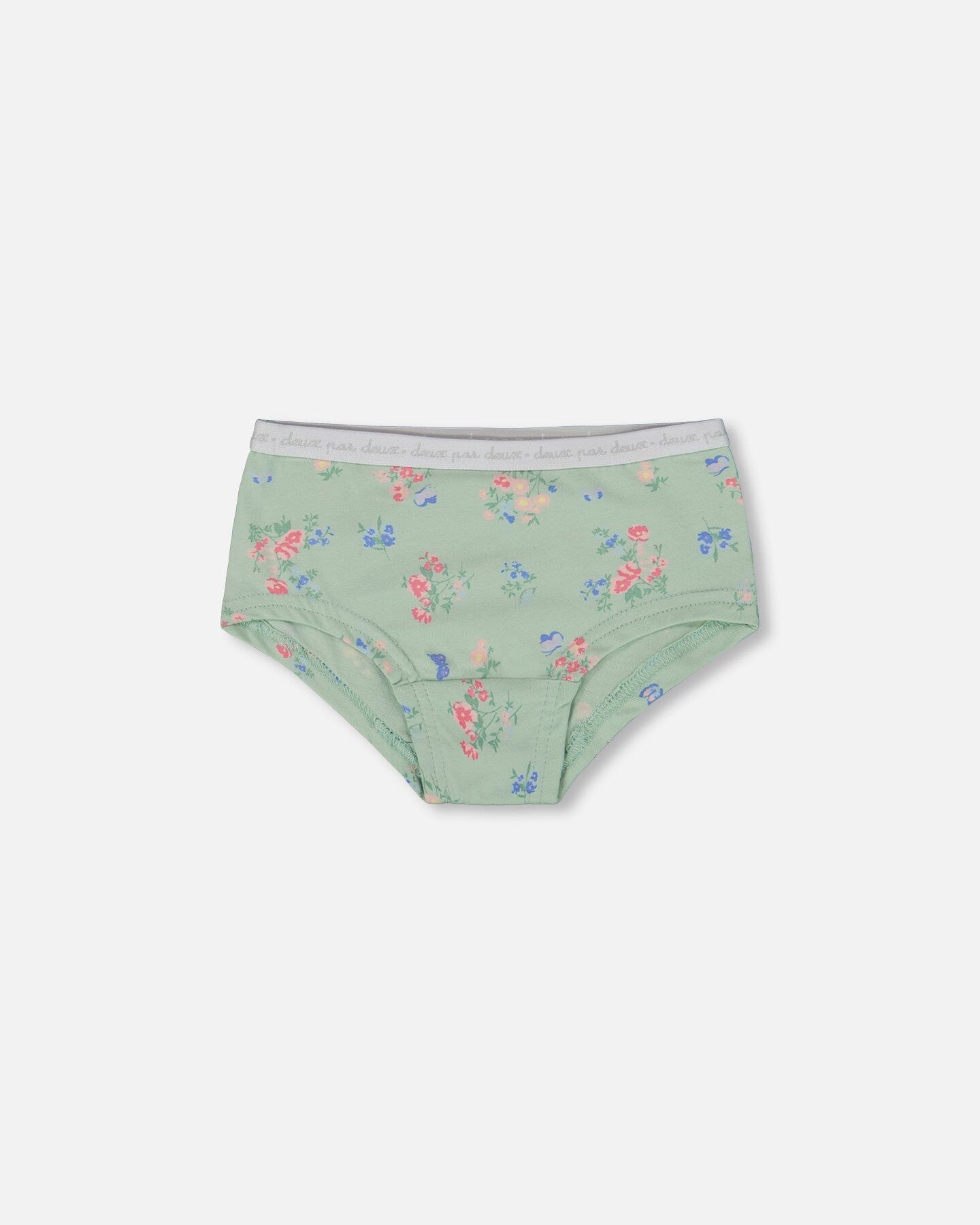Organic Cotton Boyshort Panty for Girls – Small Pink & Blue Flowers on Light Sage by Deux par Deux | Soft, Stylish & Eco-Friendly Kids Underwear