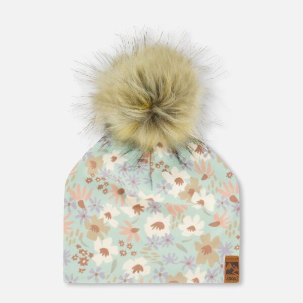 2par2 | Designed in Canada, Printed Jersey Detachable Pompom Hat Small White Flowers On Turquoise And Lilac