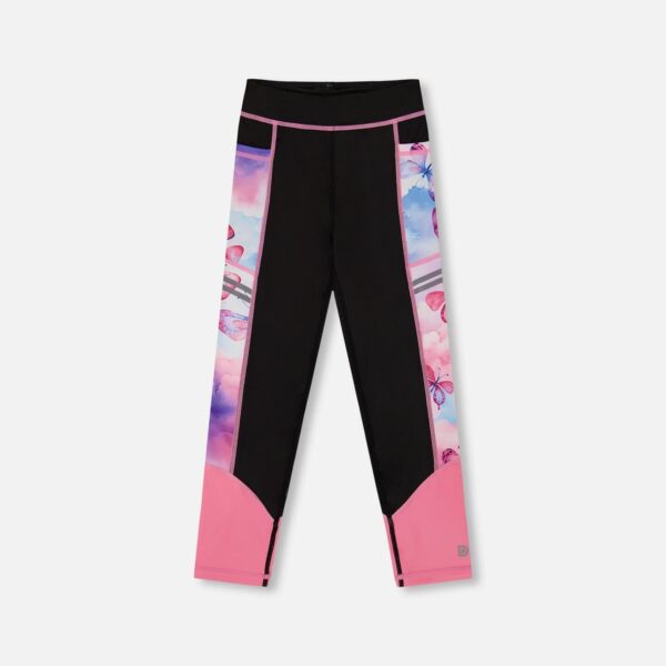 Power-Stretch Girls Colorblock Athletic Leggings – Black & Multicolored Butterflies by Deux par Deux | Stylish & Eco-Friendly Activewear
