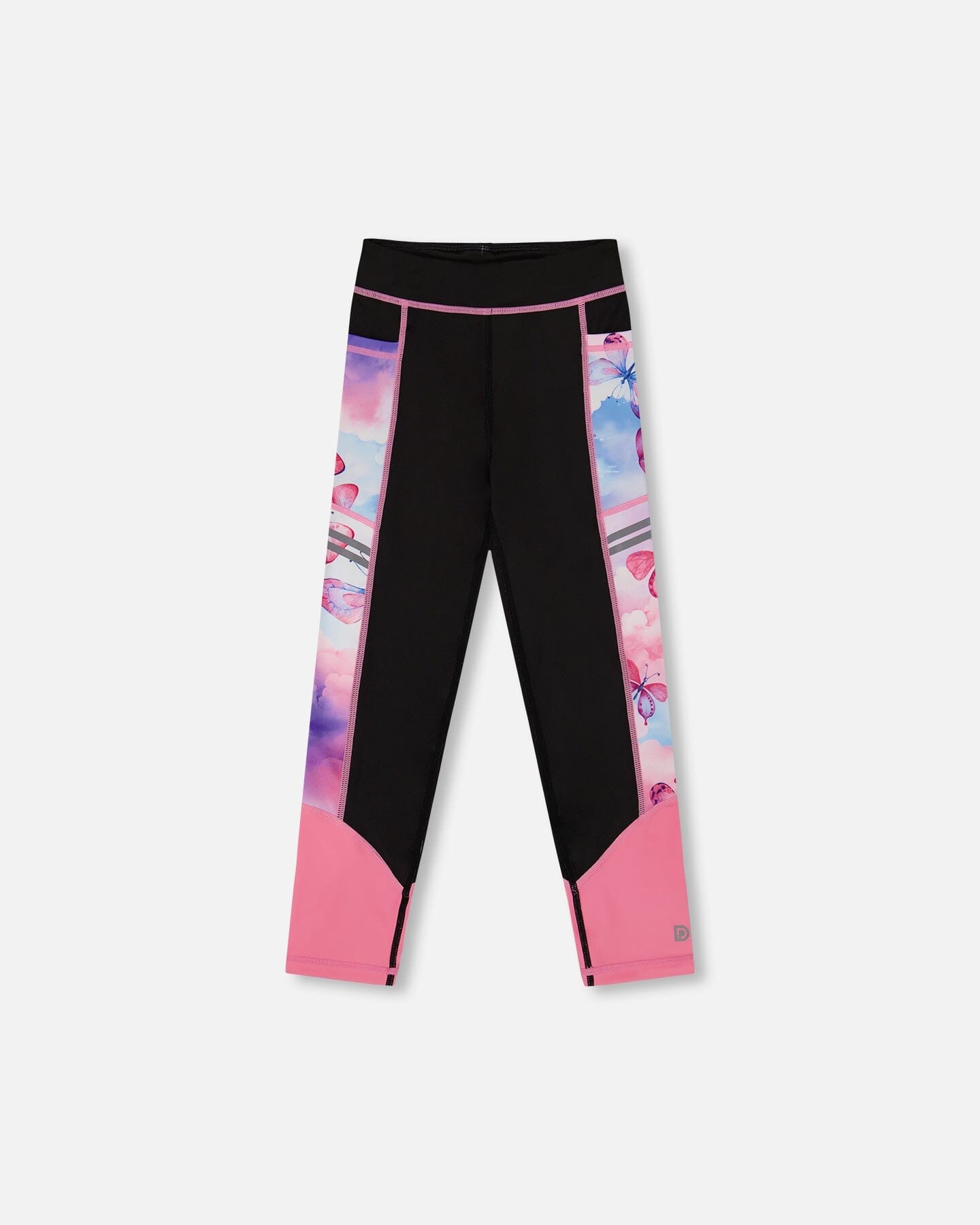 Power-Stretch Girls Colorblock Athletic Leggings – Black & Multicolored Butterflies by Deux par Deux | Stylish & Eco-Friendly Activewear