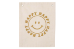 'Happy Face' Banner – Minimalist Wall Hanging for Kids Room, Nursery or Playroom – Natural Cotton Blend Fabric with Black Lettering – Modern Smiley Face Decor Gift