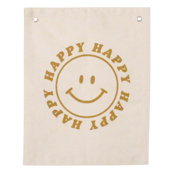 'Happy Face' Banner – Minimalist Wall Hanging for Kids Room, Nursery or Playroom – Natural Cotton Blend Fabric with Black Lettering – Modern Smiley Face Decor Gift