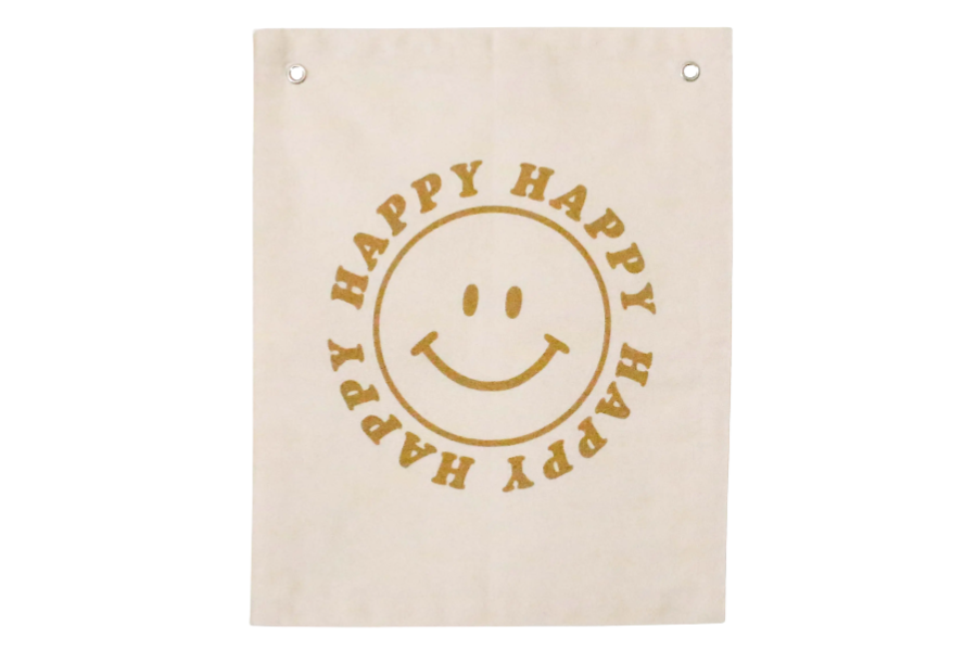 'Happy Face' Banner – Minimalist Wall Hanging for Kids Room, Nursery or Playroom – Natural Cotton Blend Fabric with Black Lettering – Modern Smiley Face Decor Gift