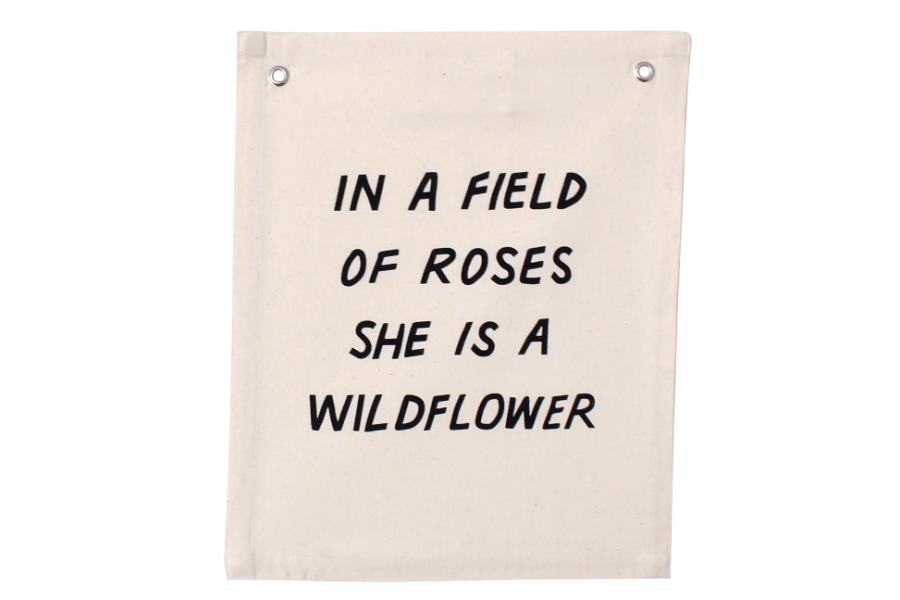 'In a Field of Roses' Banner – Boho Wall Hanging for Girls Room, Nursery or Playroom – Natural Cotton Blend Fabric – Inspirational Kids Room Decor or Baby Shower Gift