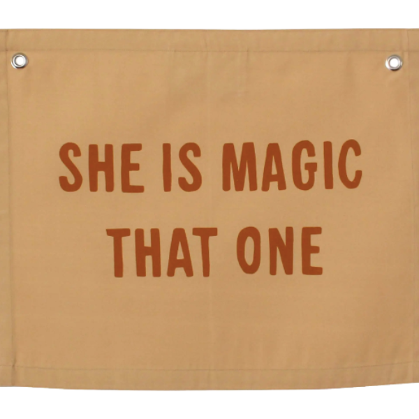 'She is Magic That One' Banner – Boho Wall Hanging for Girls Room or Nursery – Peach Cotton Blend Fabric with Clay Lettering – Inspirational Quote Decor Gift