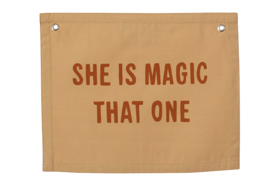 'She is Magic That One' Banner – Boho Wall Hanging for Girls Room or Nursery – Peach Cotton Blend Fabric with Clay Lettering – Inspirational Quote Decor Gift
