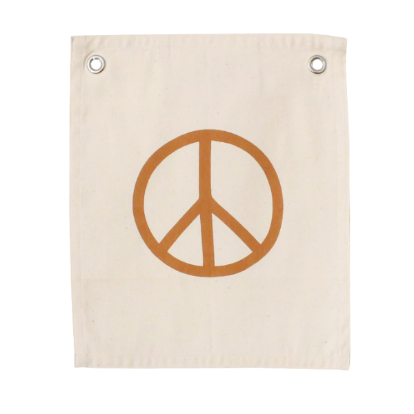 'Peace' Banner – Boho Wall Hanging for Nursery, Kids Room, or Playroom – Natural Cotton Blend Fabric with Rust Colored Peace Sign – Calm & Mindful Decor Gift