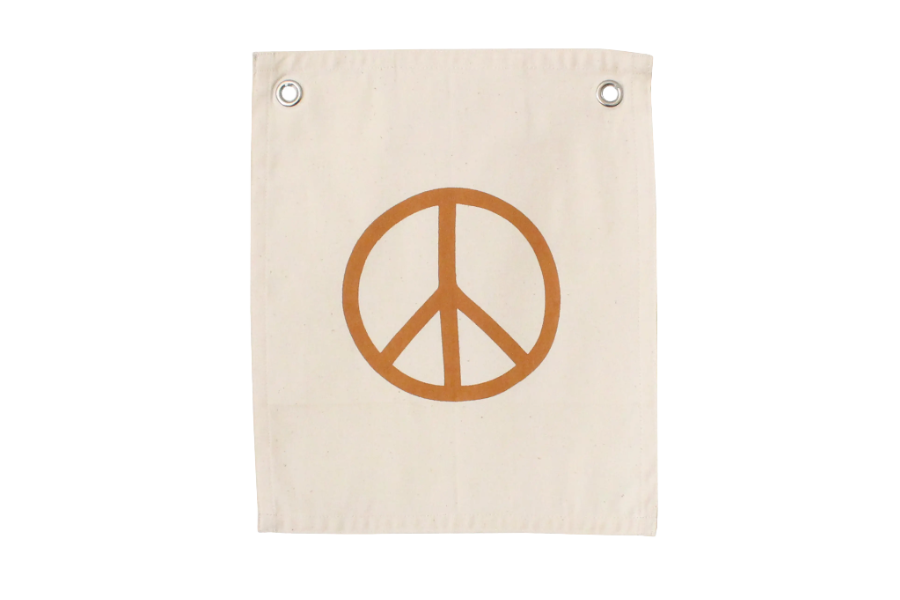 'Peace' Banner – Boho Wall Hanging for Nursery, Kids Room, or Playroom – Natural Cotton Blend Fabric with Rust Colored Peace Sign – Calm & Mindful Decor Gift
