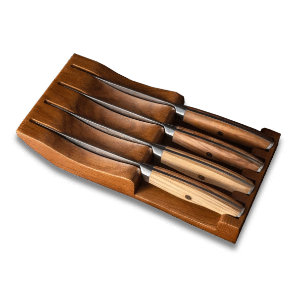 Ginza Steel AMELIA Five – 4-Piece VG10 Damascus Steel Steak Knife Set with Wood Block