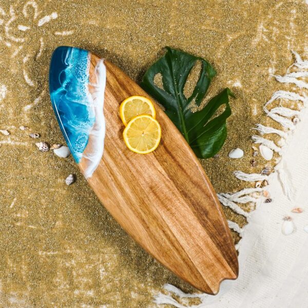 Resin-Accented Surfboard Shaped Charcuterie Boards | Lynn & Liana Designs, Made In Canada