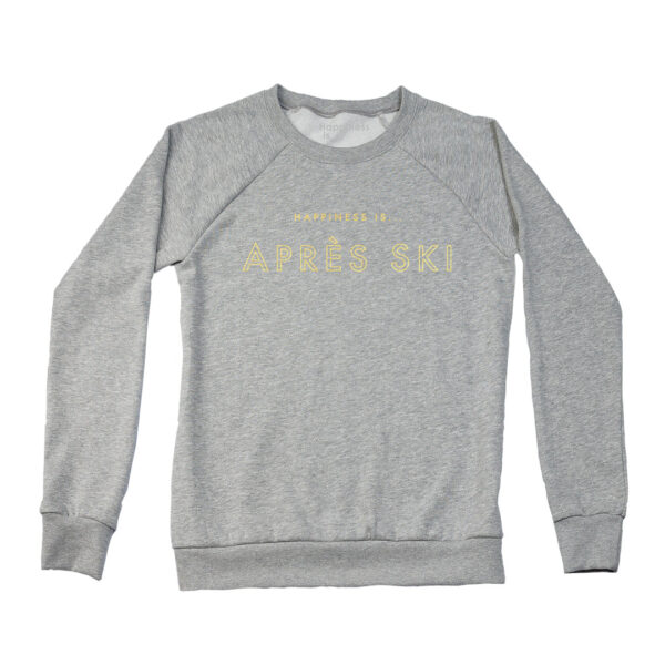 Women's Apres Crew Sweatshirt, Heather Grey with Gold | Happiness Is Inc, Made In Canada