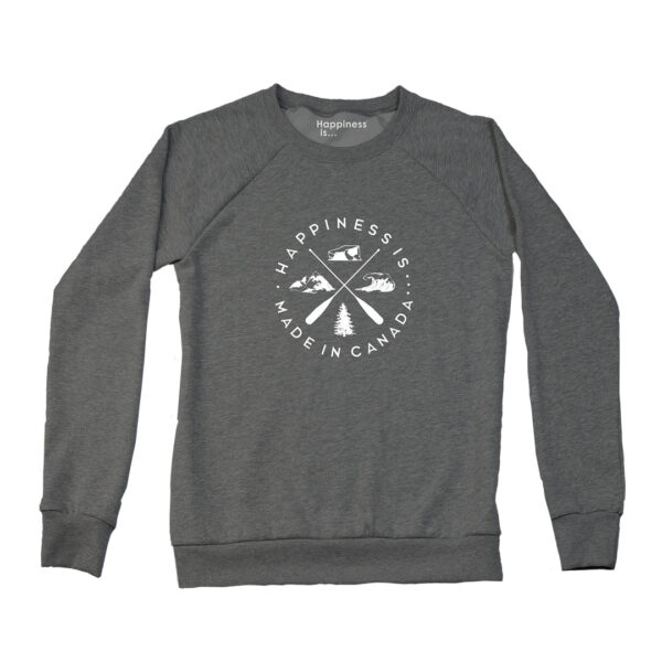 Women's Crest Crew Sweatshirt, Charcoal | Happiness Is Inc, Made In Canada