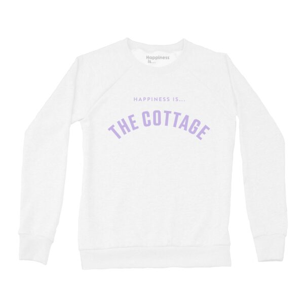 Women's Cottage Collegiate Crew Sweatshirt, White with Lilac | Happiness Is Inc, Made In Canada