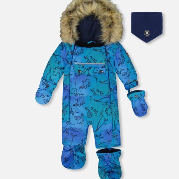 2par2 | Designed in Canada, One-Piece Baby Play Snowsuit Designed For Car Seat Blue Gradient Dinosaur Print