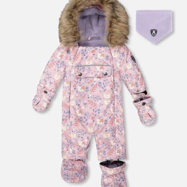 2par2 | Designed in Canada, One-Piece Baby Play Snowsuit Designed For Car Seat Lilac Cat Print