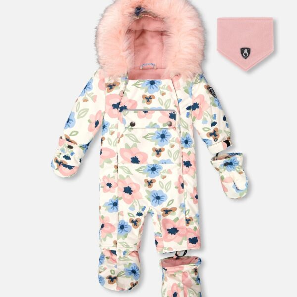 2par2 | Designed in Canada, One-Piece Baby Play Snowsuit Designed For Car Seat Off-White Flower Print