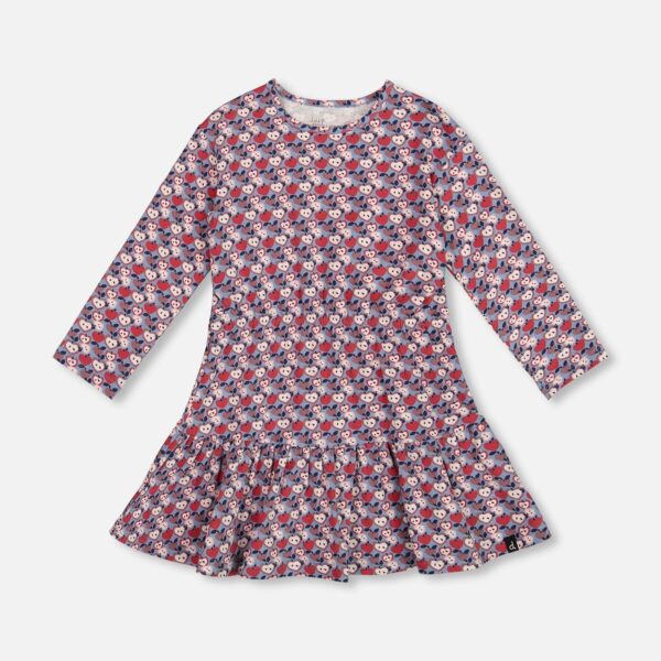 2par2 | Designed in Canada, Organic Cotton Dress With Flounce Hem Blue Apple Print