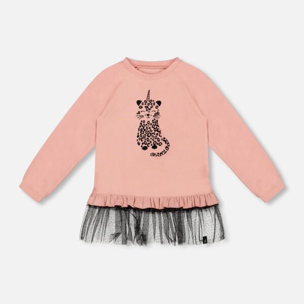 2par2 | Designed in Canada, Long Bi-Material Top Dusty Pink With Mesh Ruffle Hem And Leopard Print