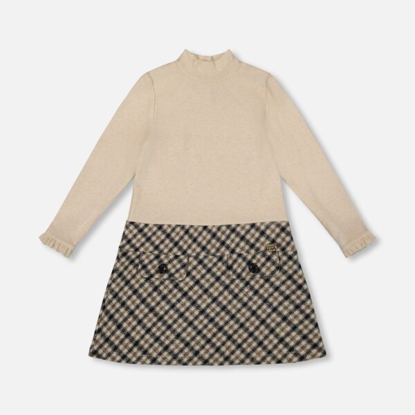 2par2 | Designed in Canada, Long Sleeve Bi-Material Mock Neck Dress Beige And Plaid