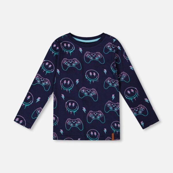 2par2 | Designed in Canada, Long Sleeve Organic Cotton Allover Print Tee Navy Blue