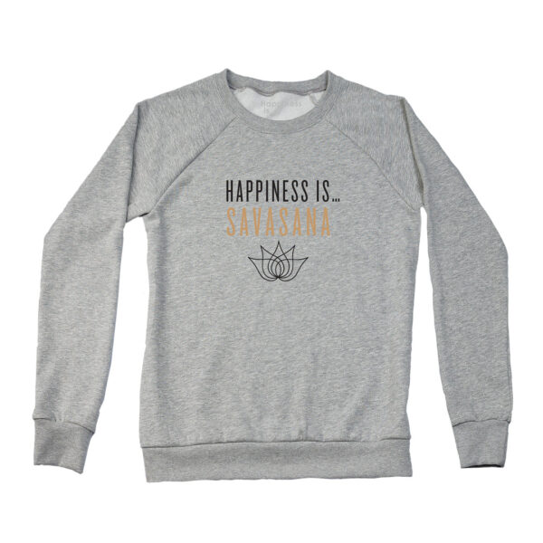 Women's Savasana Crew Sweatshirt, Heather Grey | Happiness Is Inc, Made In Canada