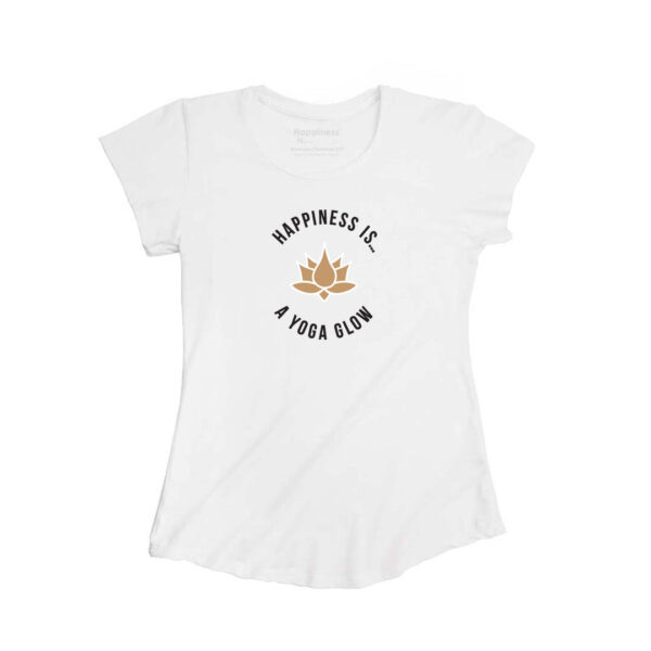 Women's Yoga Bamboo T-Shirt, White with Gold Foil | Happiness Is Inc, Made In Canada