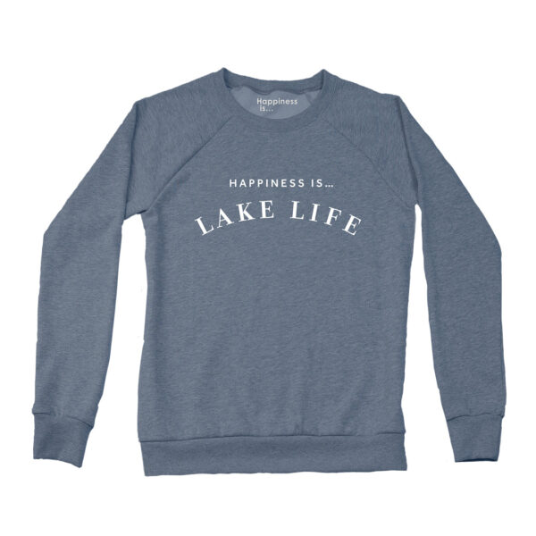 Women's Lake Life Crew Sweatshirt, Heather Navy | Happiness Is Inc, Made In Canada