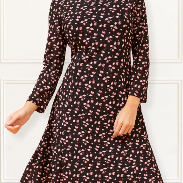Black Fit-and-Flare Mesh Dress with Pink Floral Print