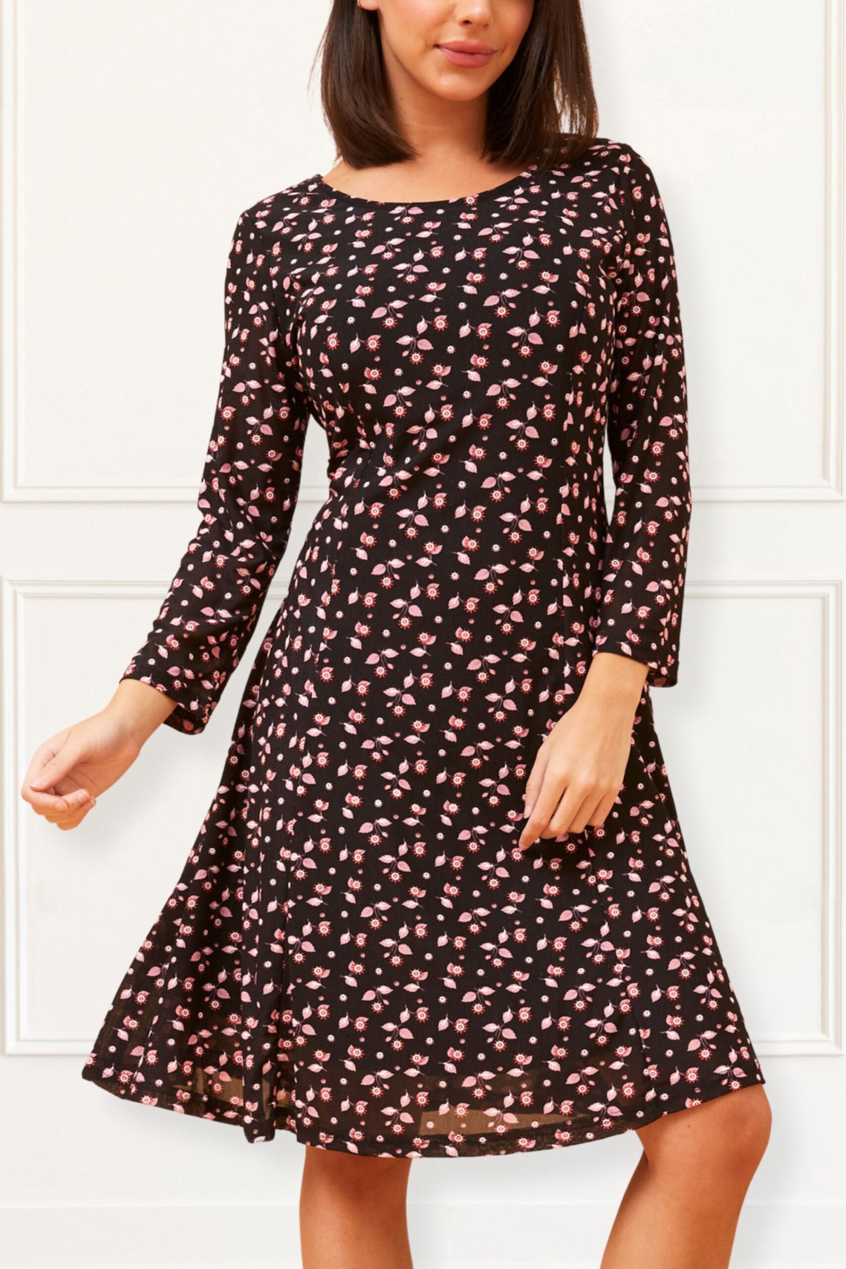 Black Fit-and-Flare Mesh Dress with Pink Floral Print