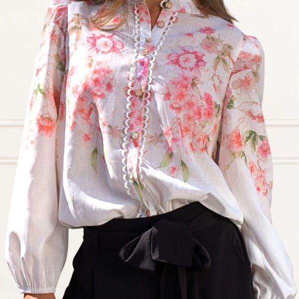 Celeste Women's Floral White Blouse Decorative Front Trim