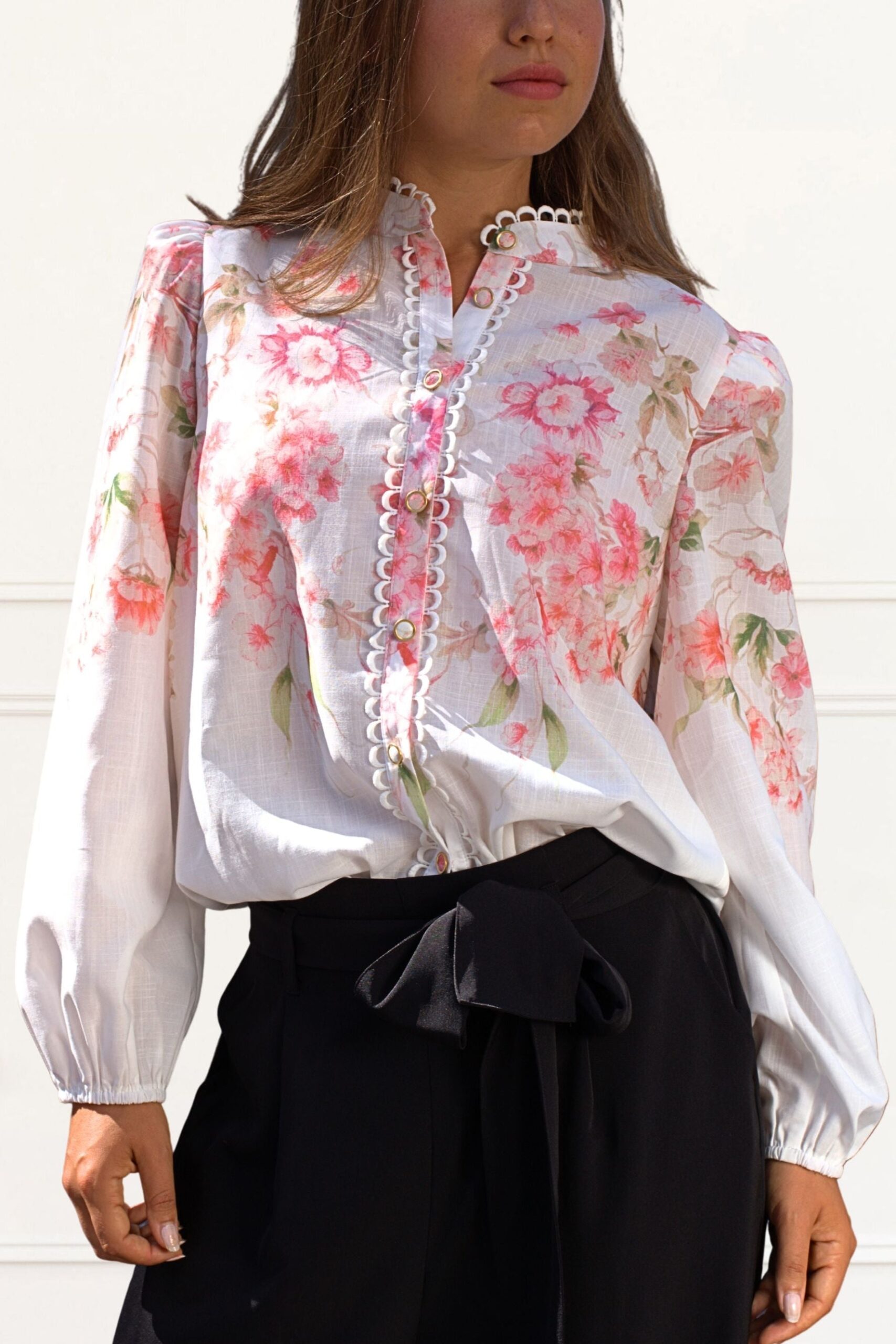 Celeste Women's Floral White Blouse Decorative Front Trim