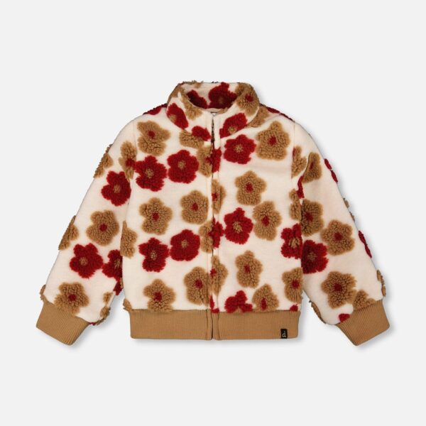 2par2 | Designed in Canada, Full Zip Sherpa Jacket With Jacquard Floral Pattern Beige And Red