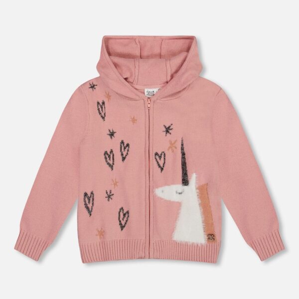2par2 | Designed in Canada, Hooded Knit Cardigan Dusty Pink With Unicorn Intarsia
