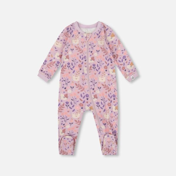 2par2 | Designed in Canada, One-Piece Organic Cotton Pajama Lilac Cat Print
