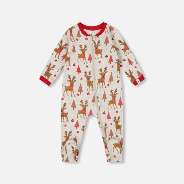 2par2 | Designed in Canada, One-Piece Organic Cotton Pajama Beige Girly Reindeer Print