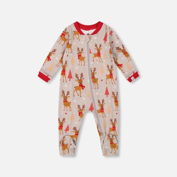 2par2 | Designed in Canada, One-Piece Organic Cotton Pajama Beige Reindeer Print