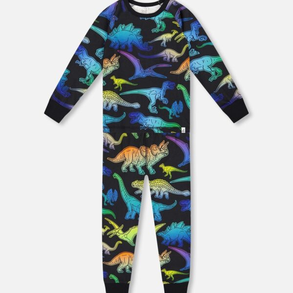 2par2 | Designed in Canada, Two-Piece Organic Cotton Pajama Set Black Dinosaur Print