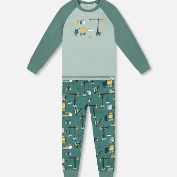 2par2 | Designed in Canada, Two-Piece Organic Cotton Pajama Set Teal Construction Print