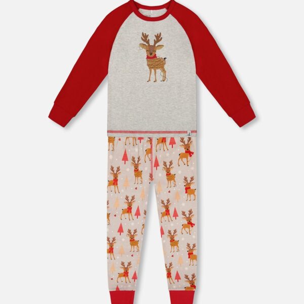 2par2 | Designed in Canada, Boy Two-Piece Organic Cotton Pajama Set Beige Reindeer Print